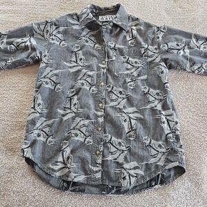 Vintage Keren Hart All-Over Horse Head Design Button-Up Collared Shirt Gray Sz M